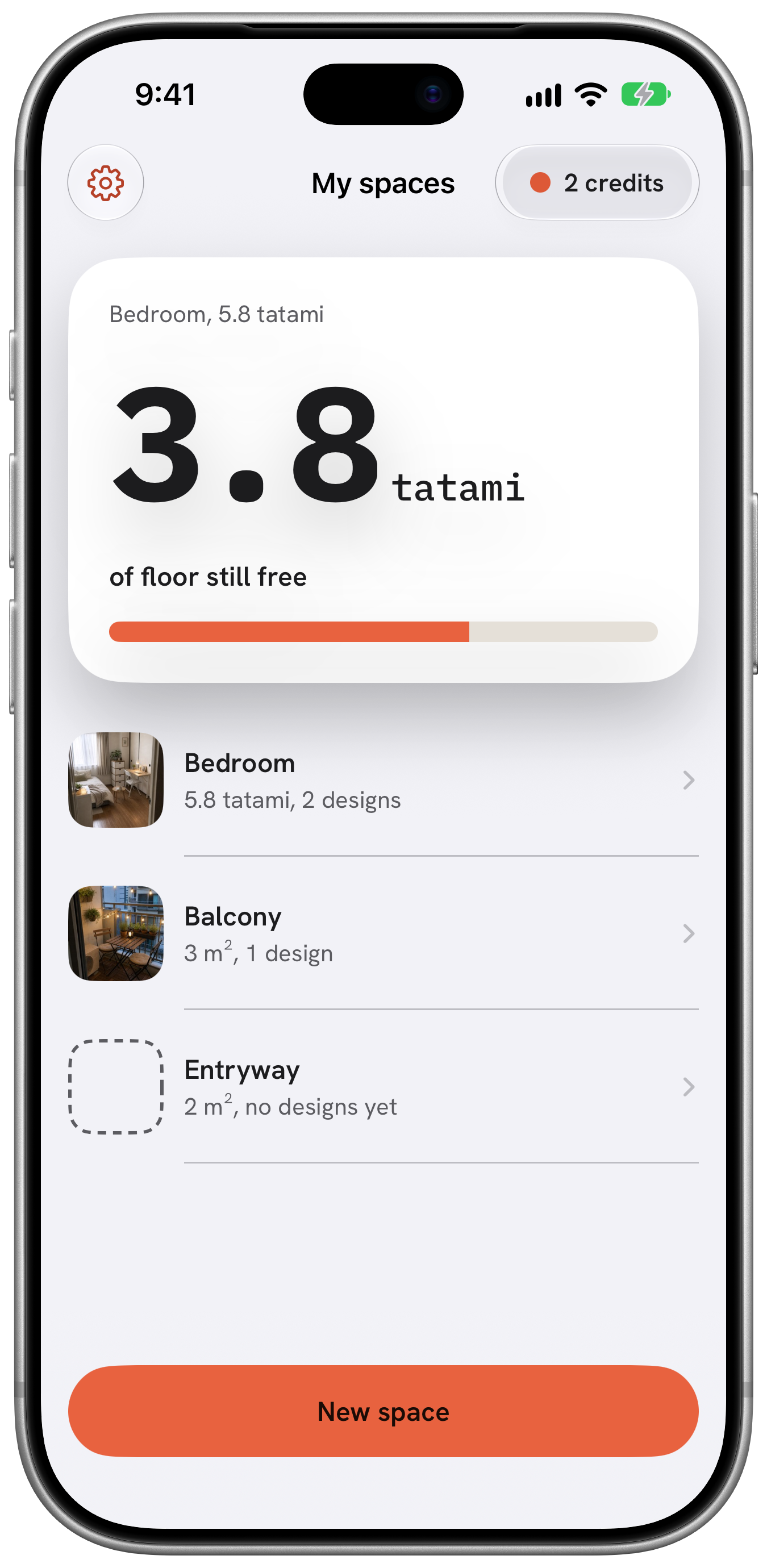 Nookfit home screen showing 3.8 tatami of floor left