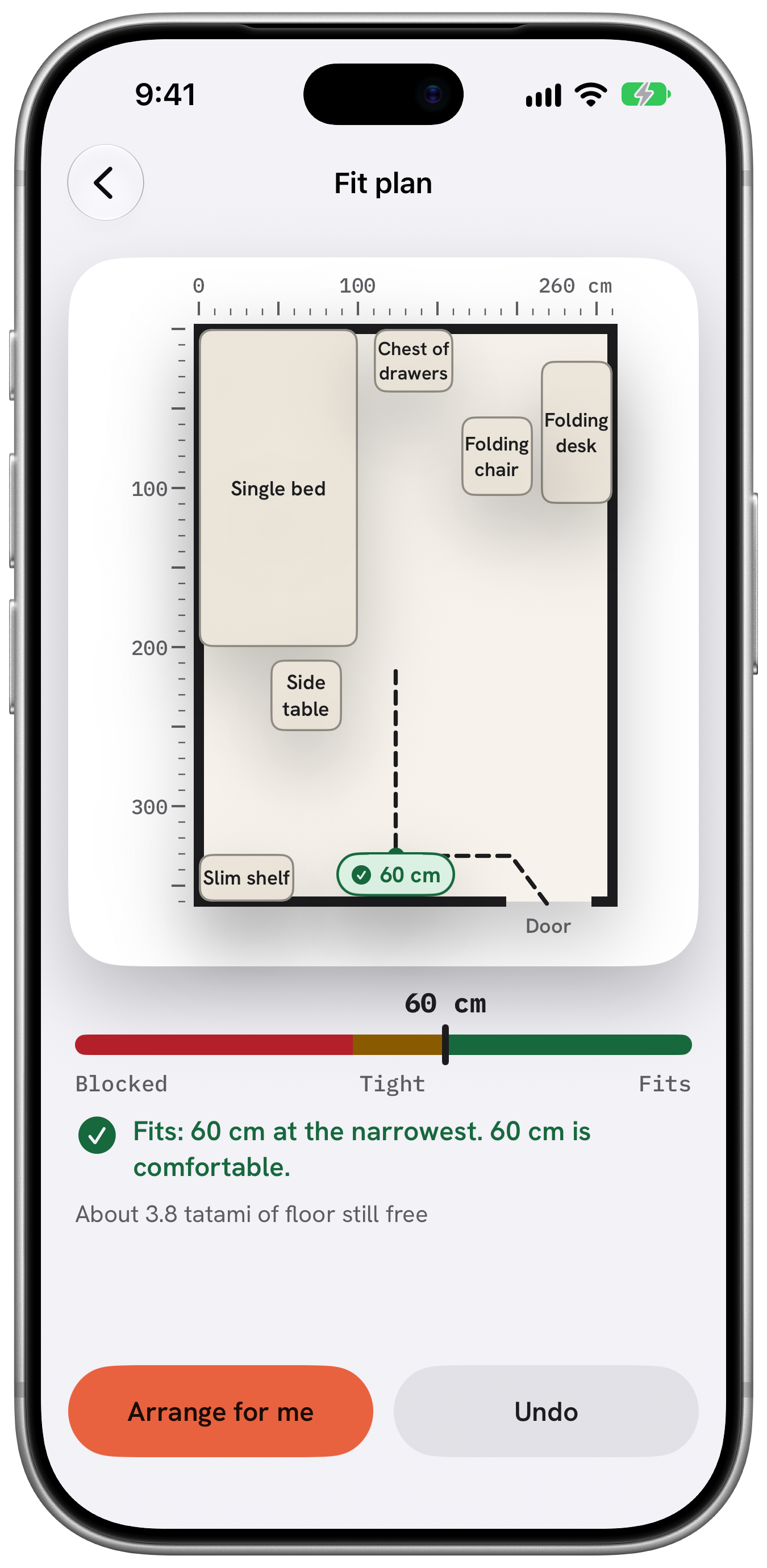 Fit plan with the walking width marked 60 cm